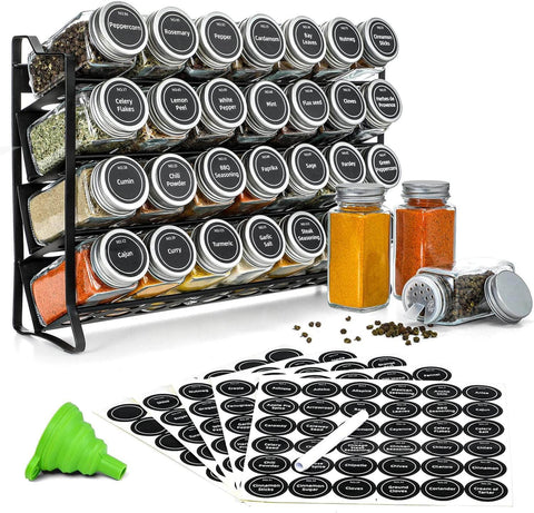 Elegant Spice Rack with 28 Jars - Labels & Funnel Included