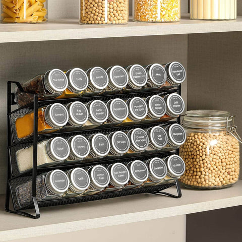 Elegant Spice Rack with 28 Jars - Labels & Funnel Included