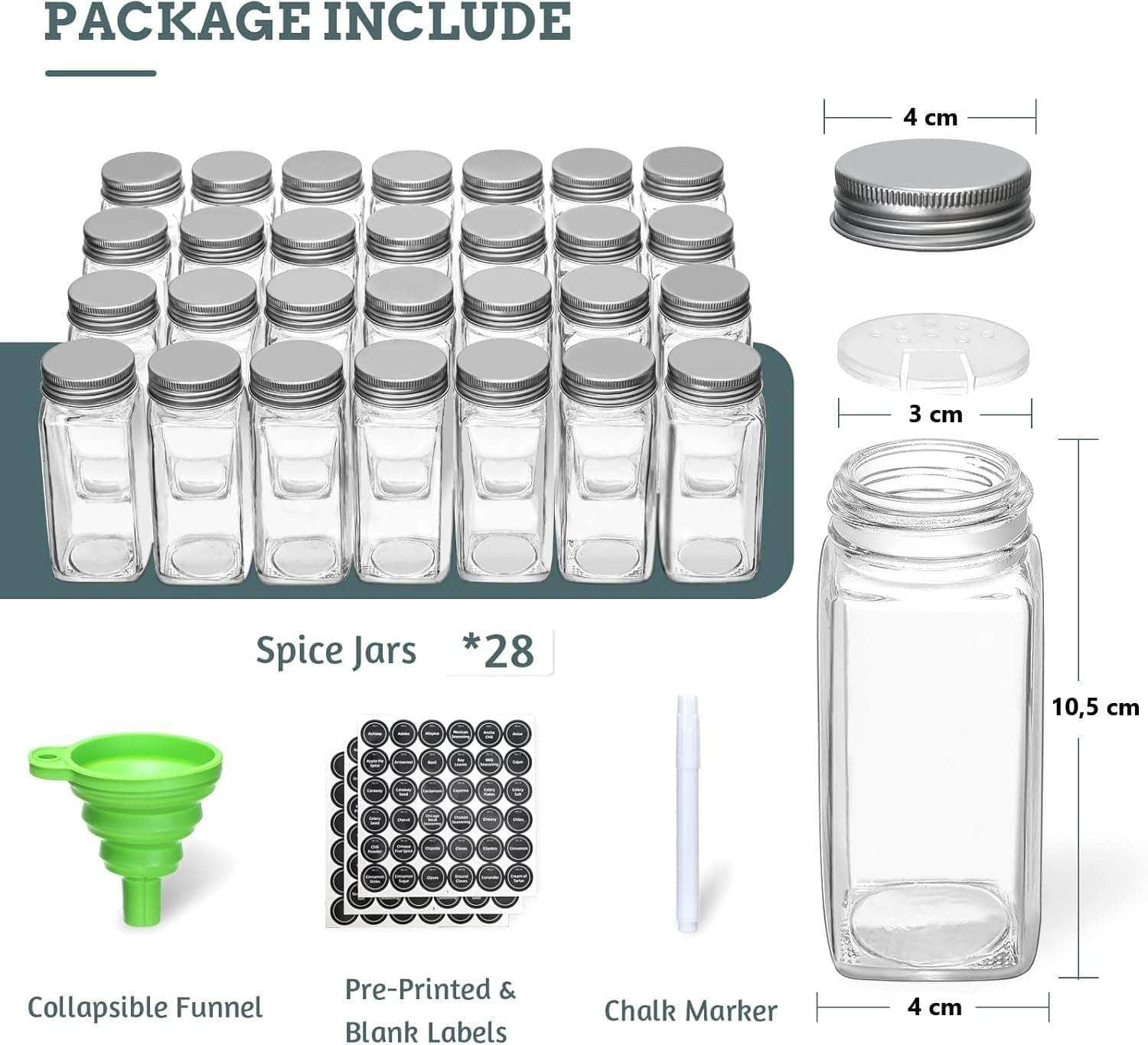 Elegant Spice Rack with 28 Jars - Labels & Funnel Included