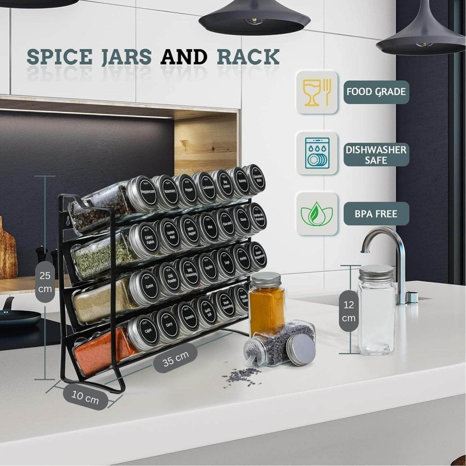 Elegant Spice Rack with 28 Jars - Labels & Funnel Included