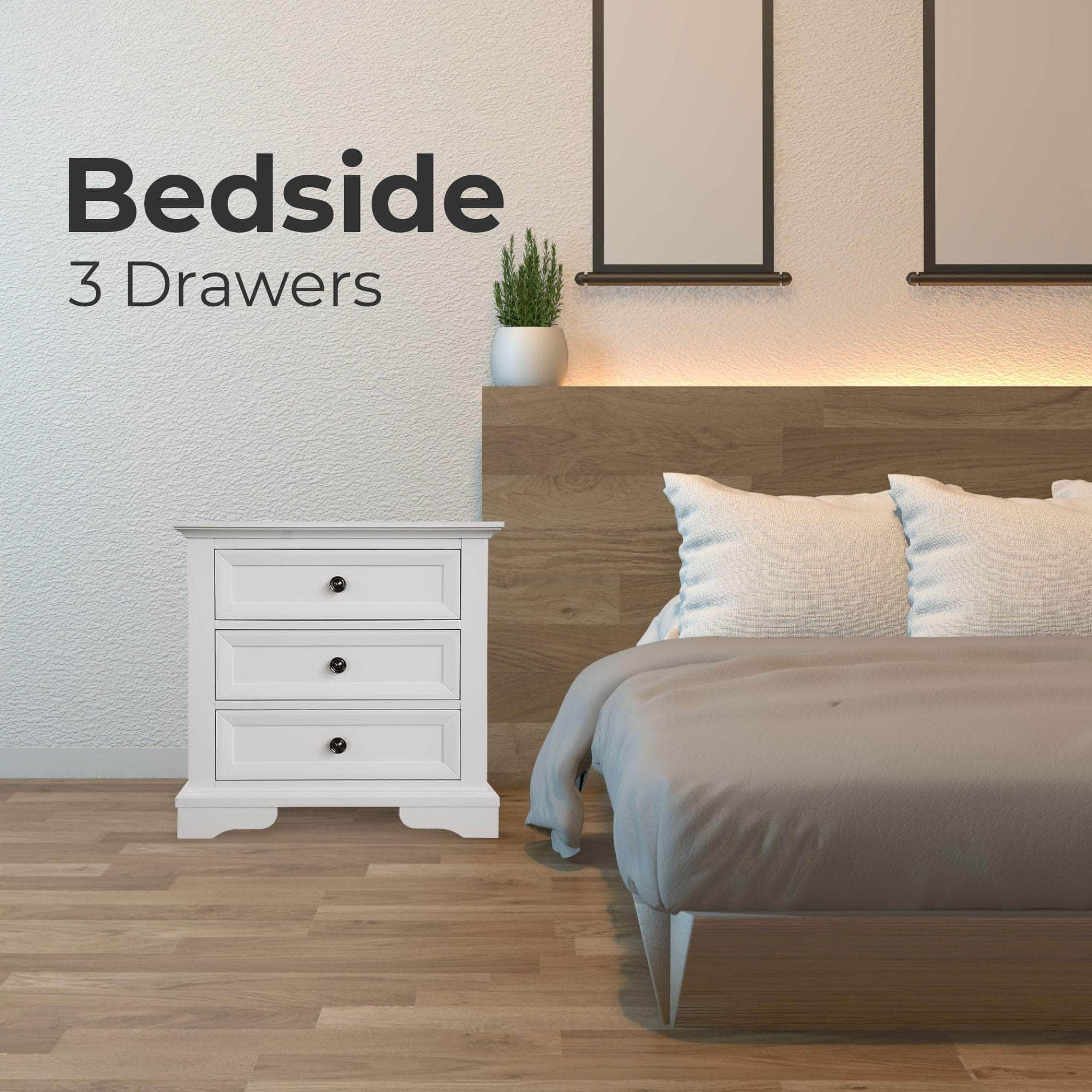 Elegant White Bedside Table with 3 Drawers - Stylish Storage Cabinet for Nightstands