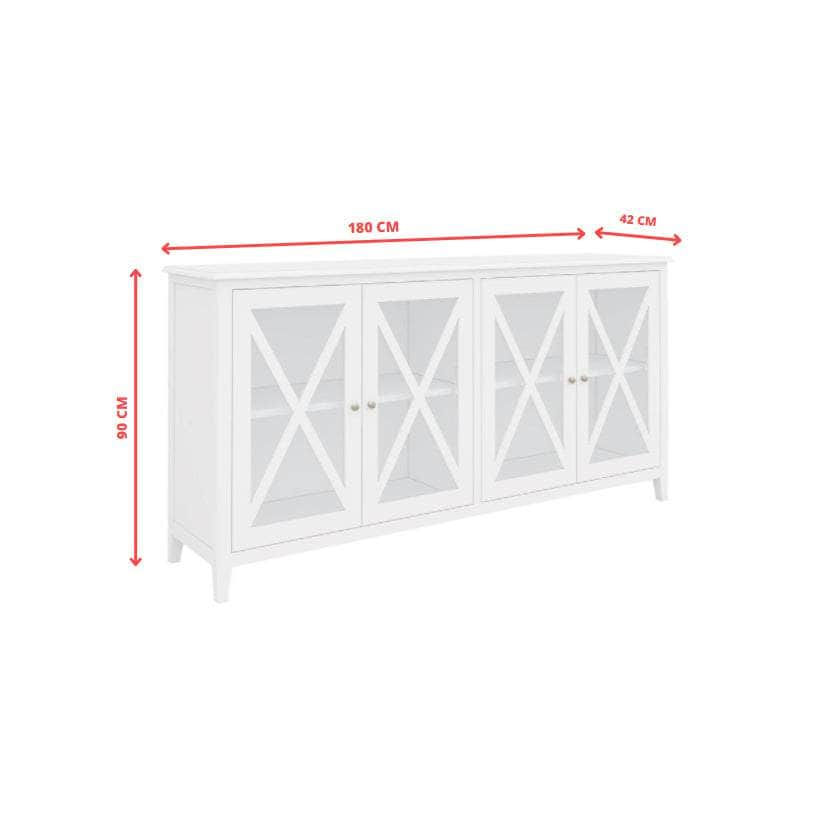 Elegant White Buffet Table with 4 Glass Doors