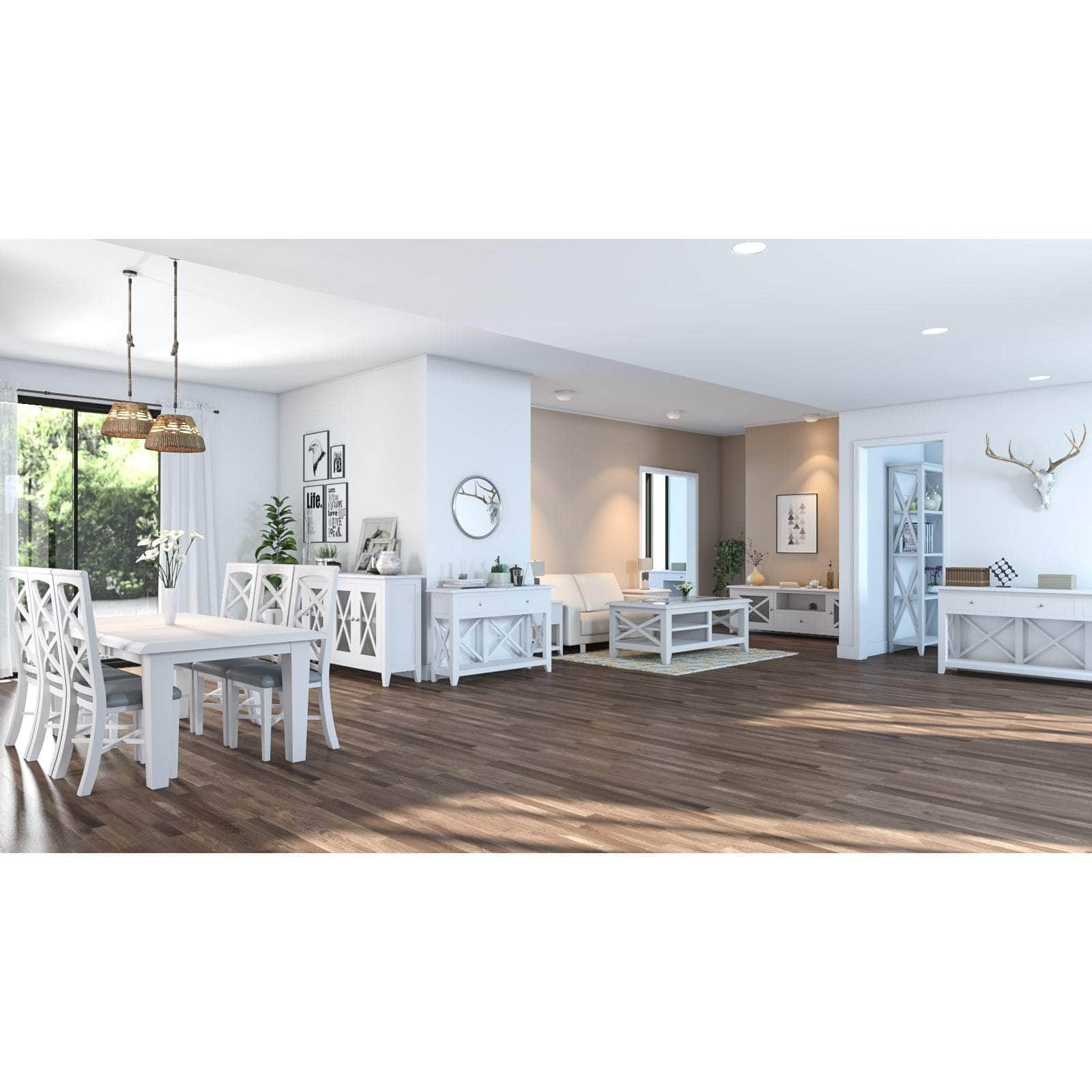 Elegant White Buffet Table with 4 Glass Doors