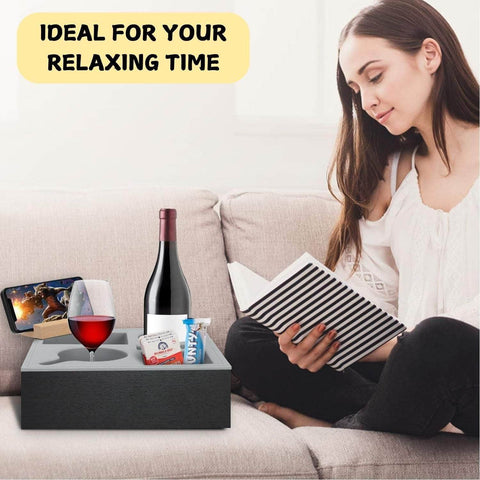 Elegant Wooden Couch Tray with Rotating Phone Holder - Drinks & Snacks Storage