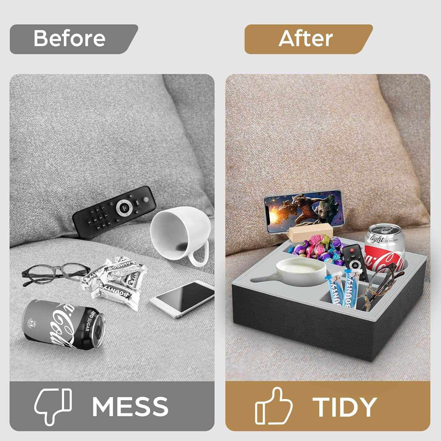 Elegant Wooden Couch Tray with Rotating Phone Holder - Drinks & Snacks Storage