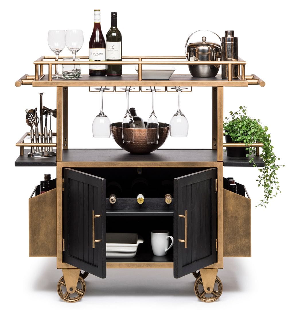 Elevate Your Bar Game with a French Brass and Black Drinks Trolley Bar Cart