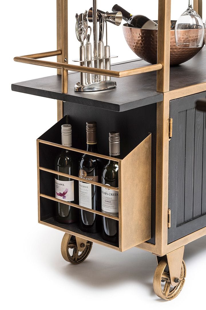 Elevate Your Bar Game with a French Brass and Black Drinks Trolley Bar Cart