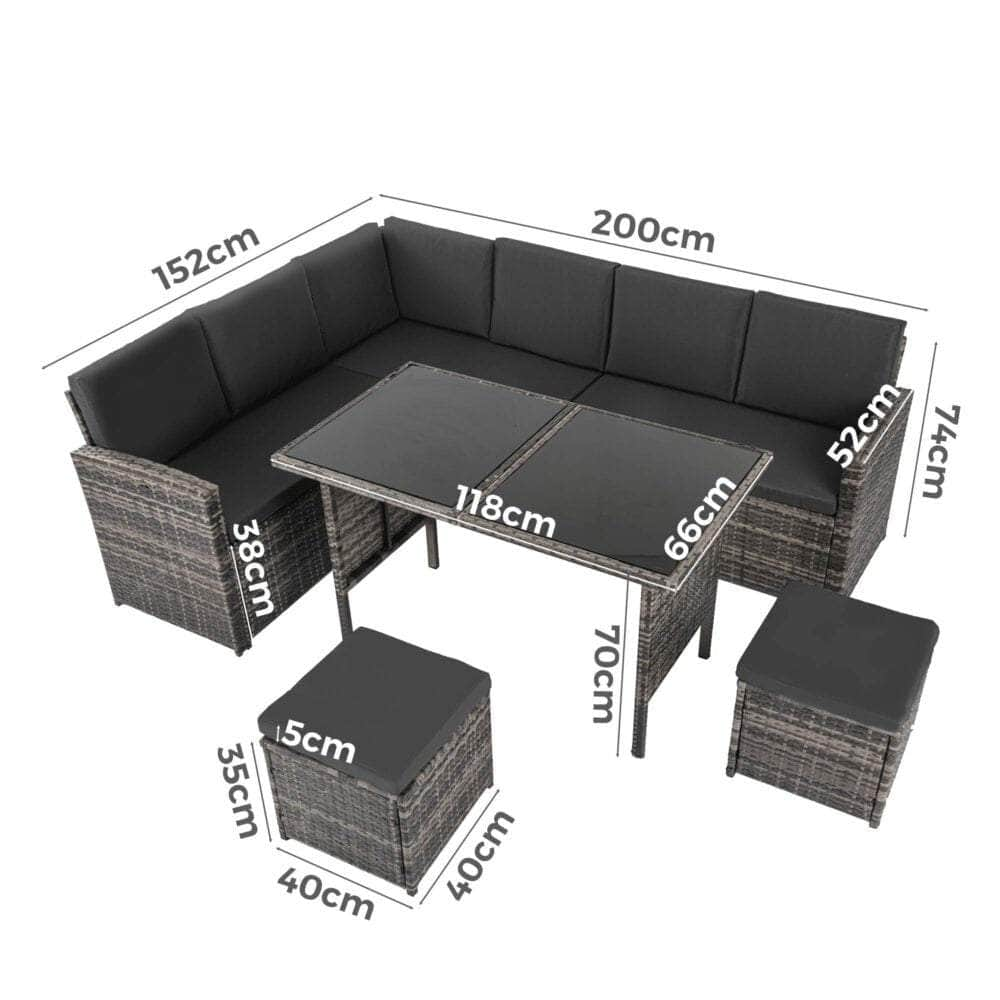 Ella 8-Seater Modular Outdoor Garden Lounge & Dining Set With Table And Stools In Dark Grey