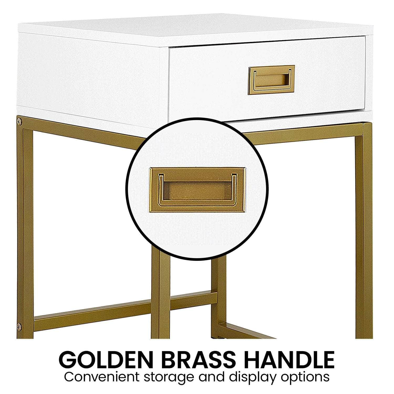 Emilia Bedside Table Night Stand - White/Gold