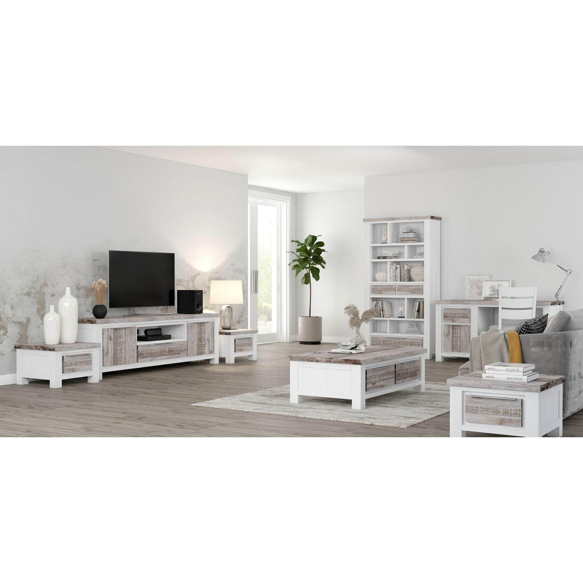 Entertainment Tv Unit 210Cm 2 Door Solid Acacia Timber -White Brush