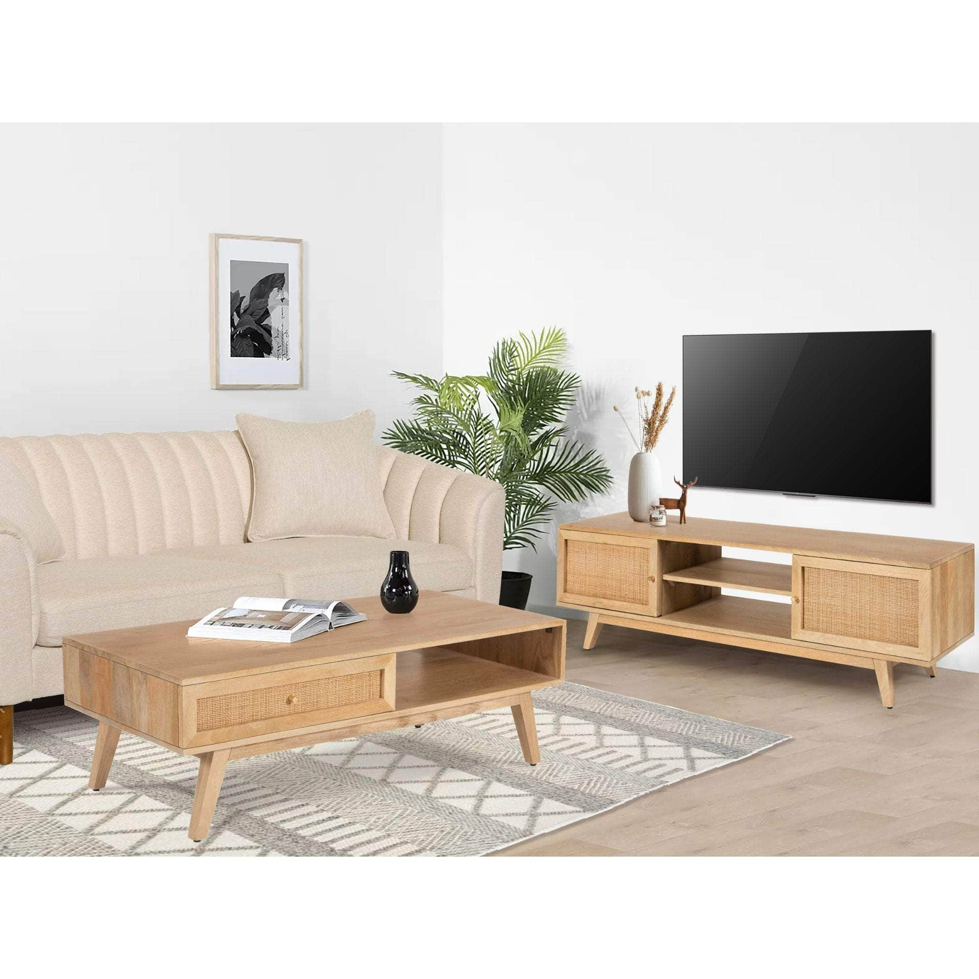 Etu Entertainment Tv Unit 175Cm Solid Mango Wood Rattan 2 Door Natural