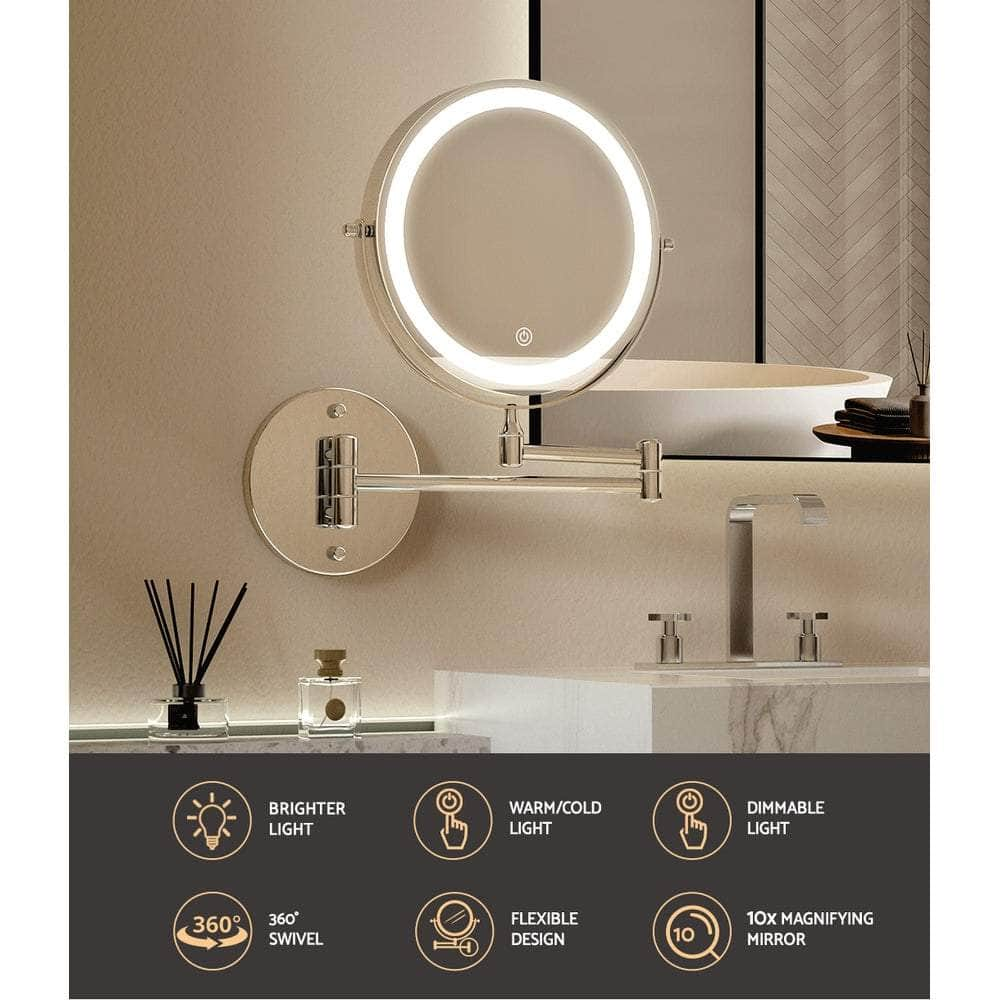 Extendable Makeup Mirror 10X Magnifying Double-Sided Bathroom Silver