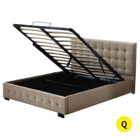 Fabric Bed Frame Queen Tufted Beige