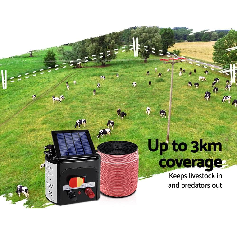 Fence Energiser 3Km Solar Powered Electric 1200M Poly Tape