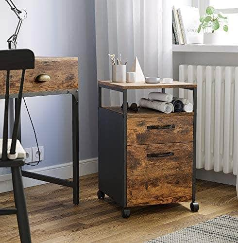 File Cabinet With 2 Drawers, Wheels And Open Compartment Rustic Brown And Black