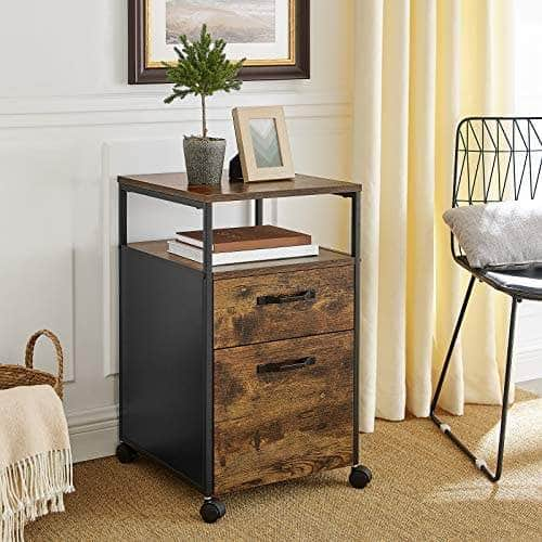 File Cabinet With 2 Drawers, Wheels And Open Compartment Rustic Brown And Black