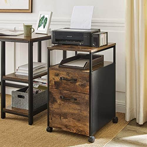 File Cabinet With 2 Drawers, Wheels And Open Compartment Rustic Brown And Black