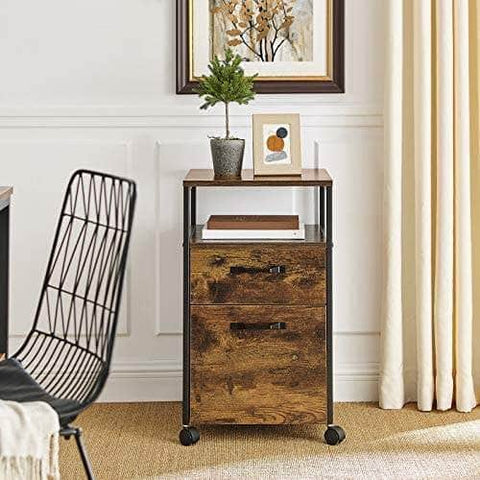 File Cabinet With 2 Drawers, Wheels And Open Compartment Rustic Brown And Black