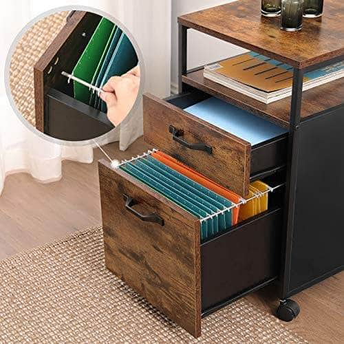 File Cabinet With 2 Drawers, Wheels And Open Compartment Rustic Brown And Black