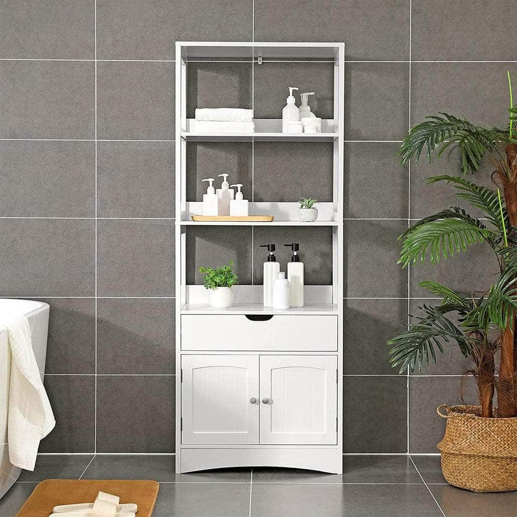 Floor Cabinet With Drawer 3 Open Shelves And Double Doors White