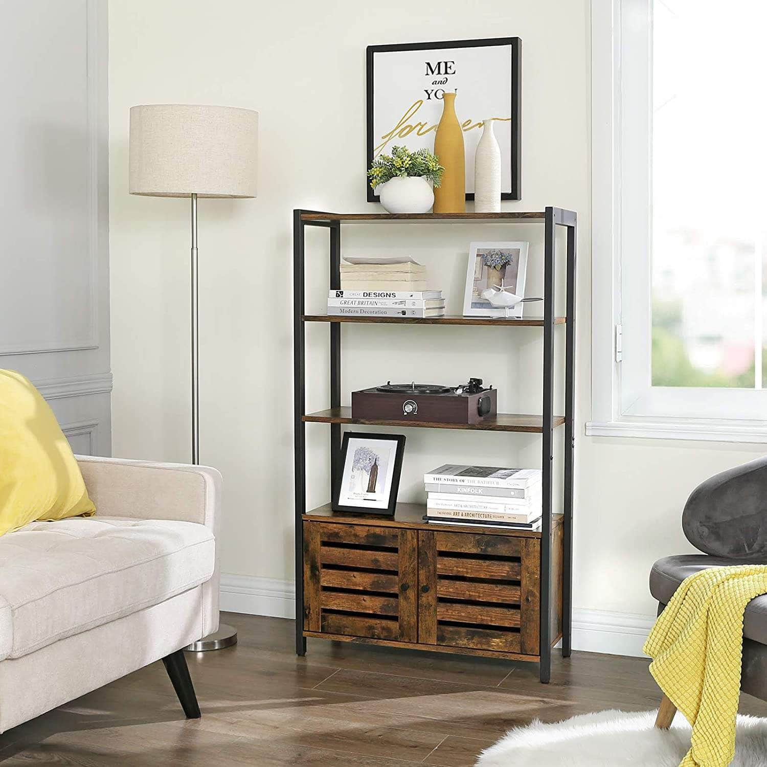 Floor-Standing Storage Cabinet And Cupboard With 2 Doors And 3 Shelves, Rustic Brown