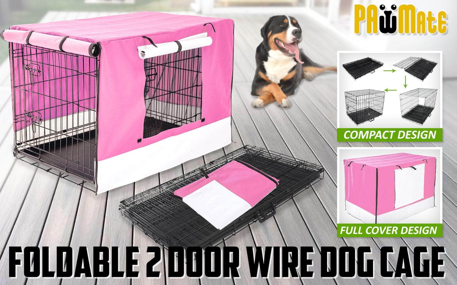 Foldable 42in Wire Dog Crate w/ Tray & Pink Cover