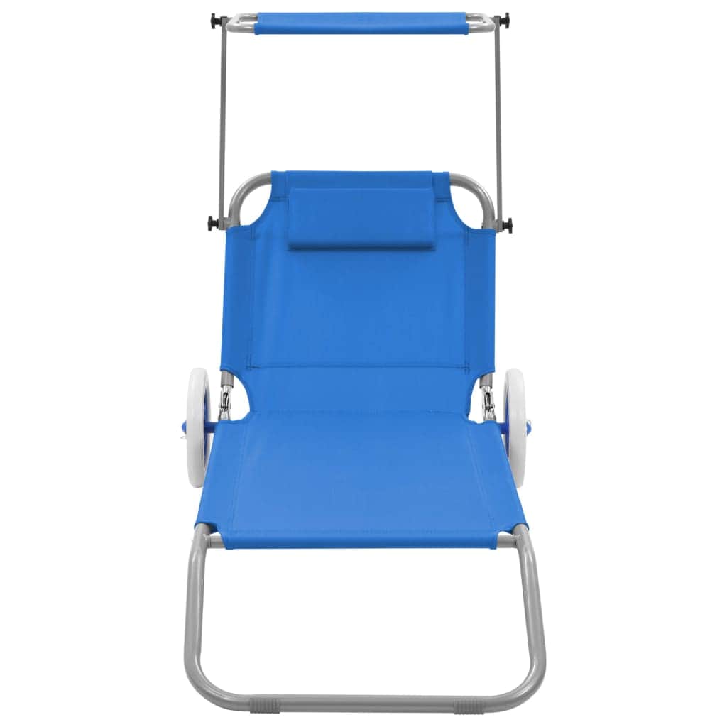 Folding Sun Lounger with Canopy and Wheels Steel Blue