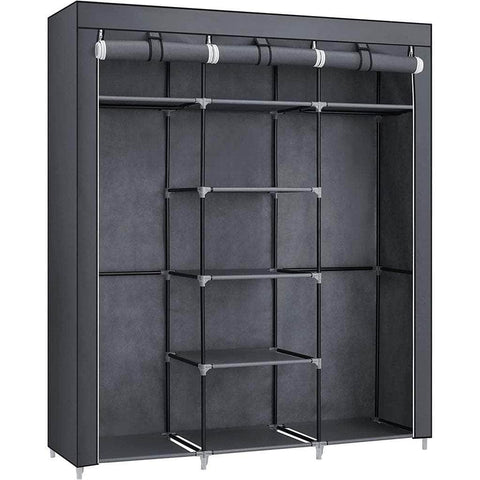 Folding Wardrobe Fabric Cabinet With 2 Clothes Rails Black