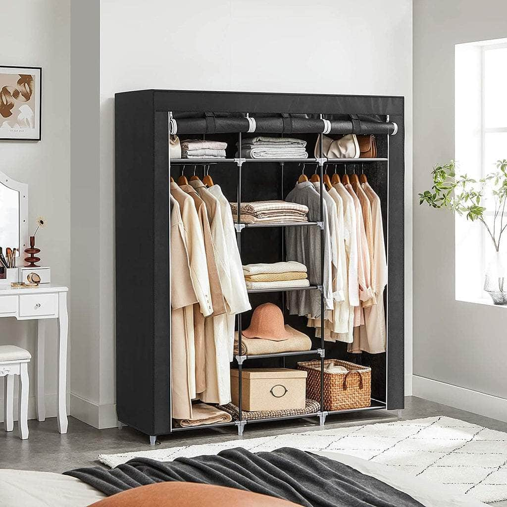 Folding Wardrobe Fabric Cabinet With 2 Clothes Rails Black