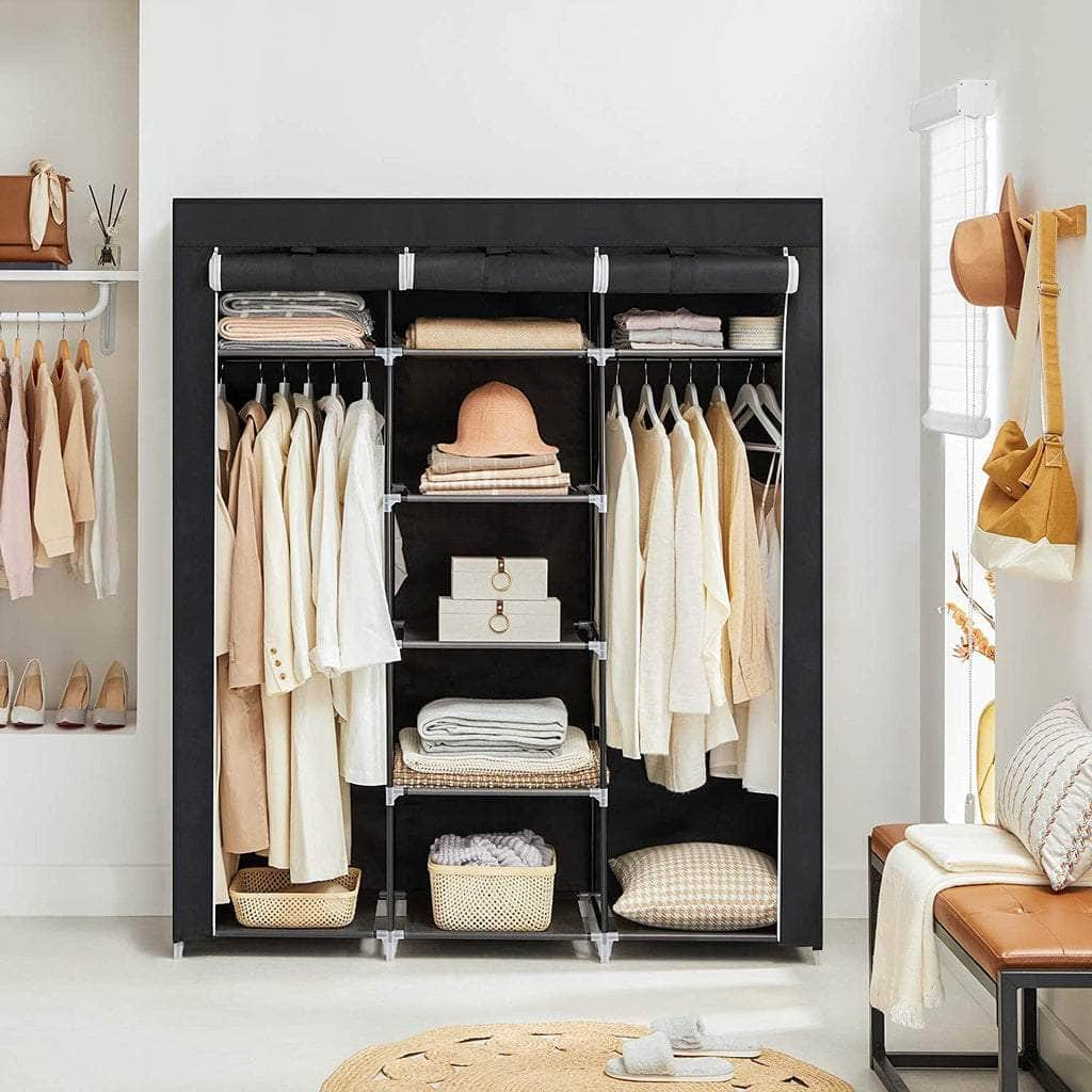 Folding Wardrobe Fabric Cabinet With 2 Clothes Rails Black