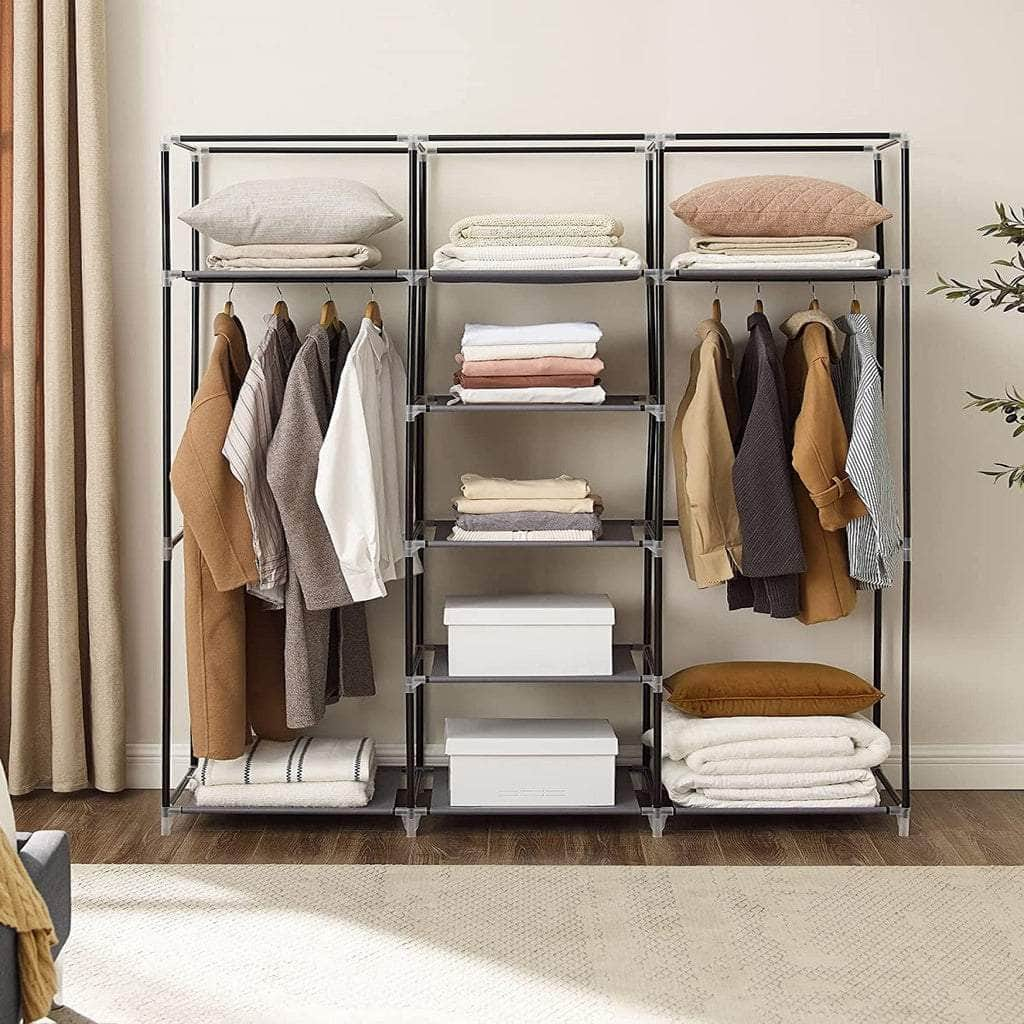 Folding Wardrobe Fabric Cabinet With 2 Clothes Rails Black