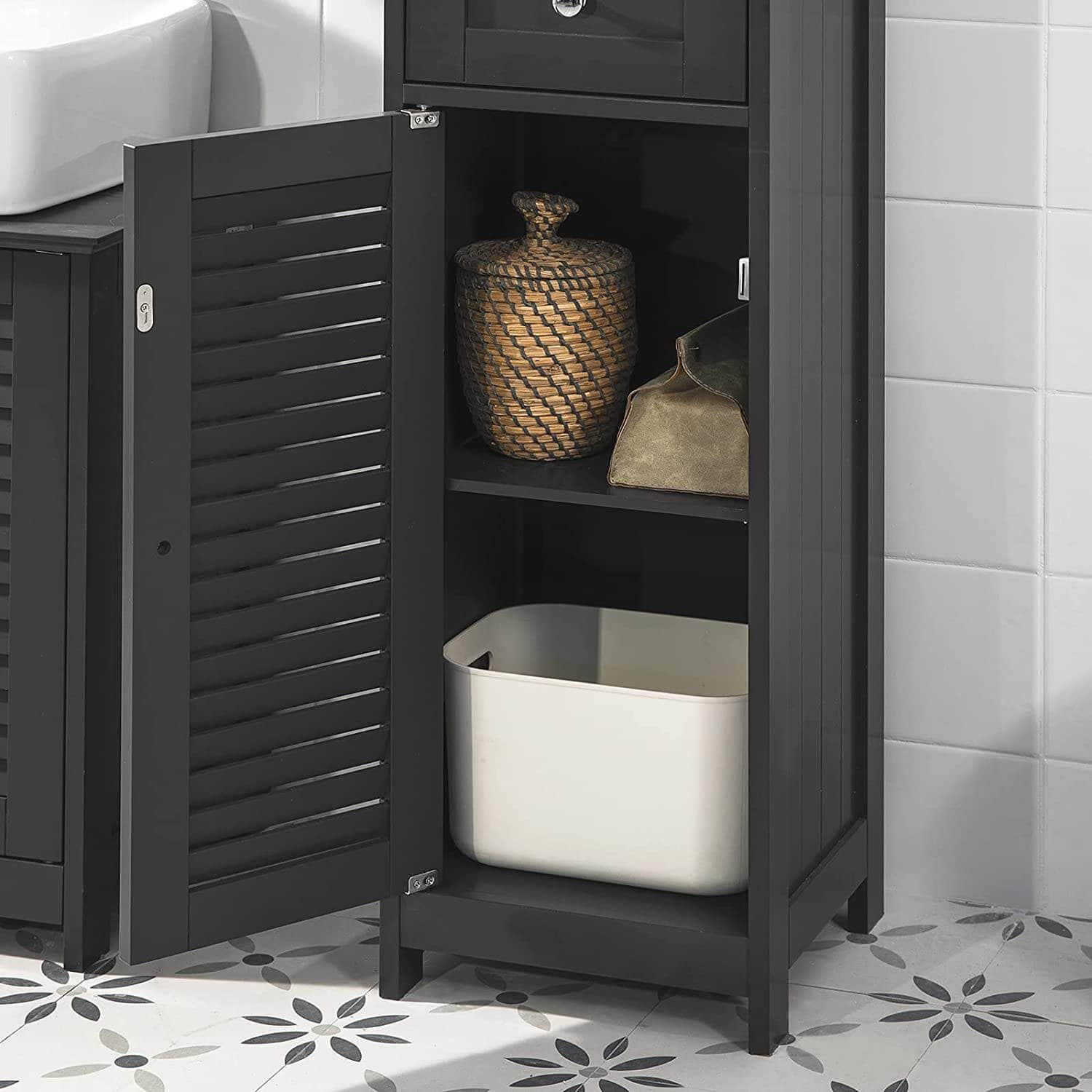 Freestanding Tall Bathroom Cabinet 170 X 32 X 30 Cm (Black)