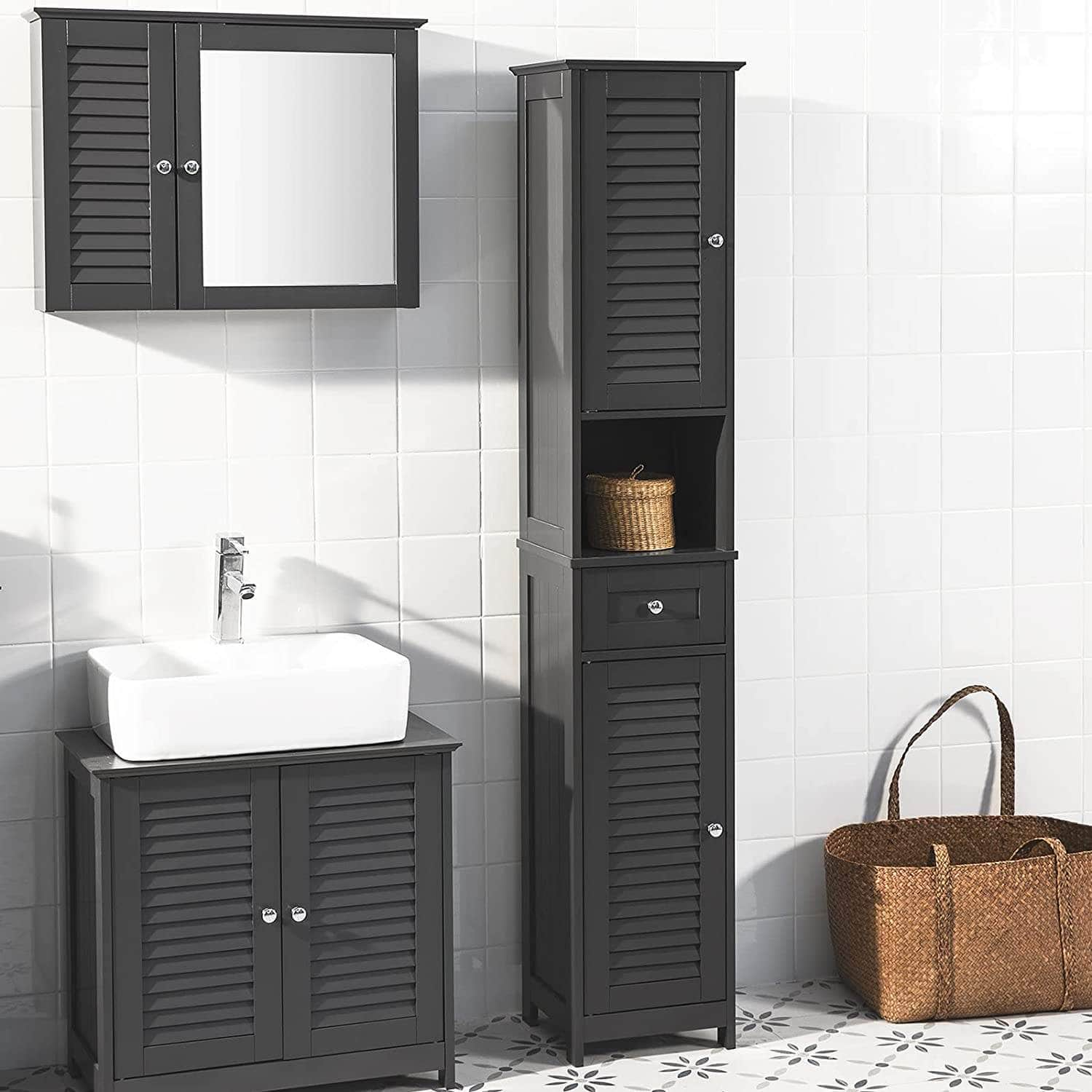 Freestanding Tall Bathroom Cabinet 170 X 32 X 30 Cm (Black)