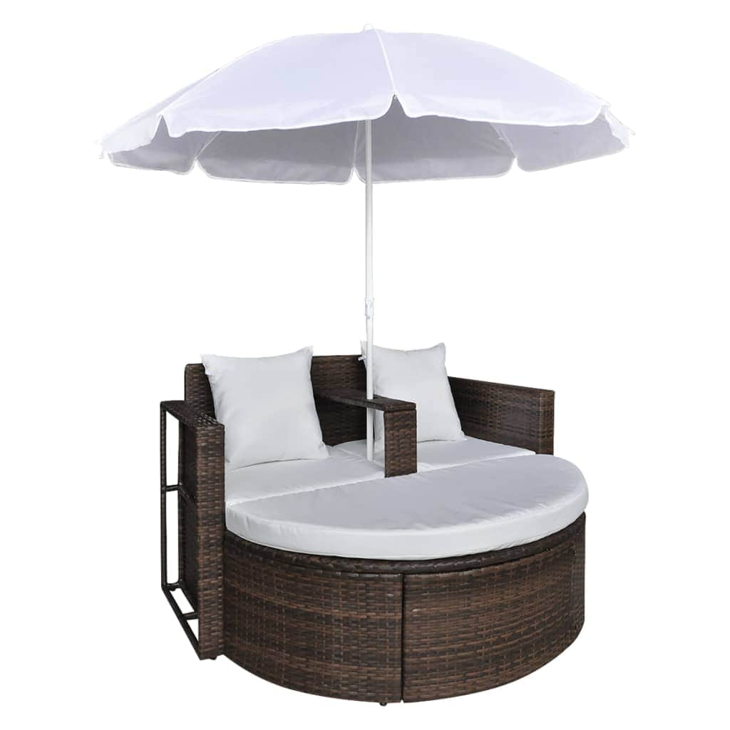 Garden Bed with Parasol Brown Poly Rattan