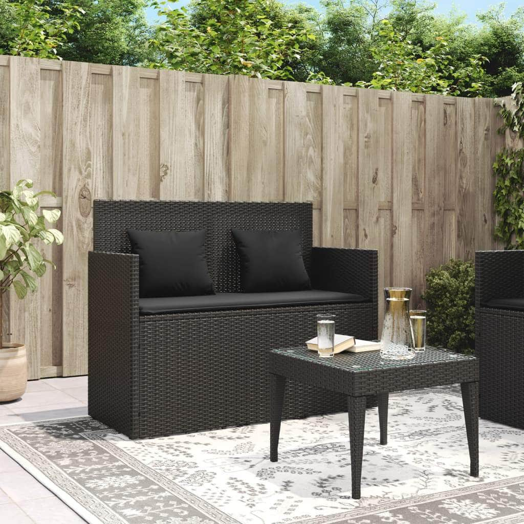 Garden Bench with Cushions-Black Poly Rattan