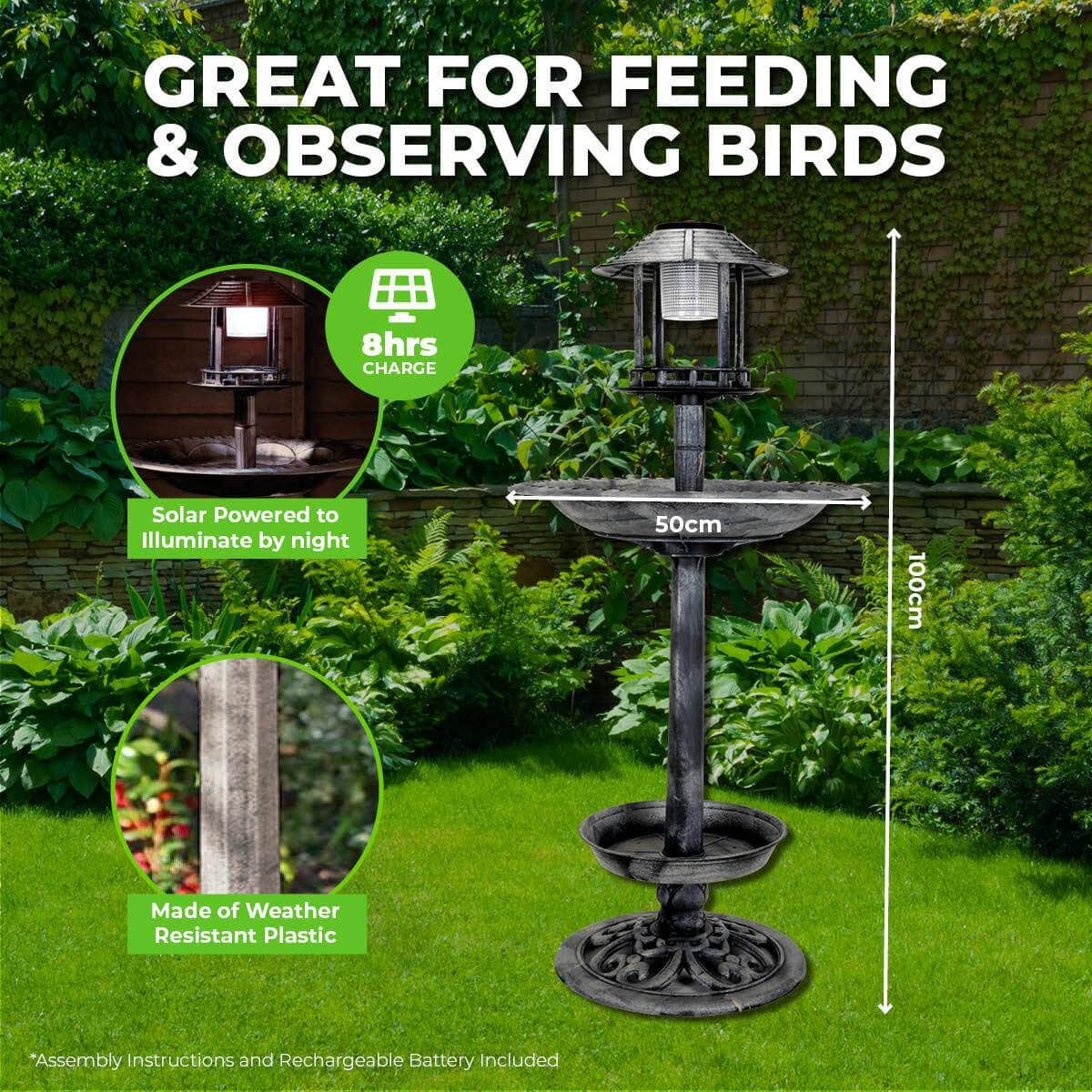 Garden Greens 1M Bird Bath Solar Power With Feeding Station And Lights