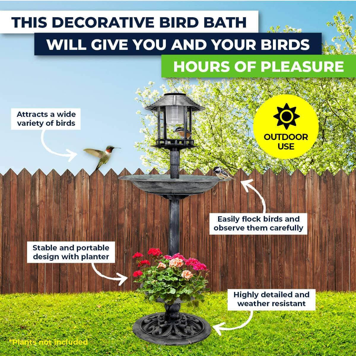 Garden Greens 1M Bird Bath Solar Power With Feeding Station And Lights