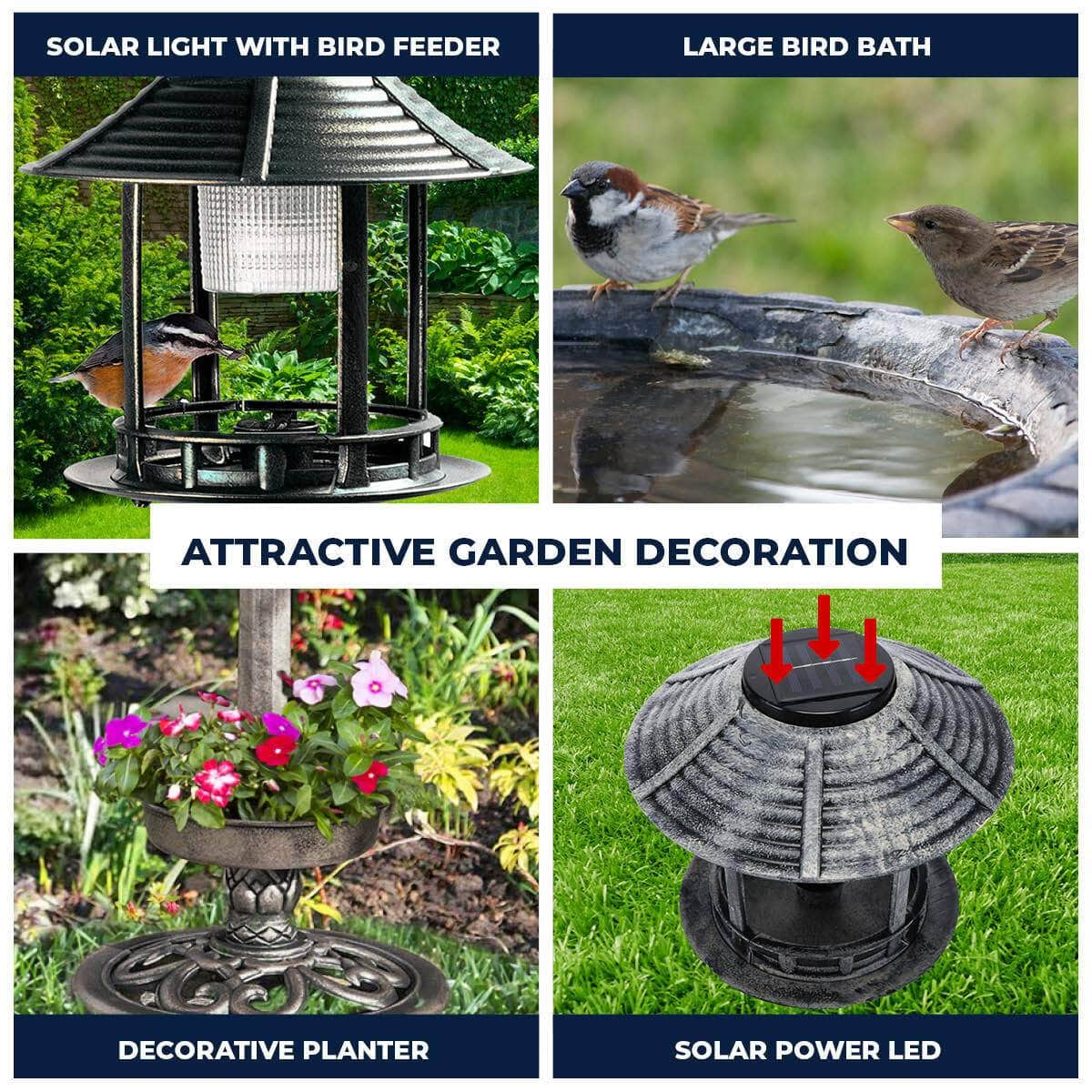 Garden Greens 1M Bird Bath Solar Power With Feeding Station And Lights