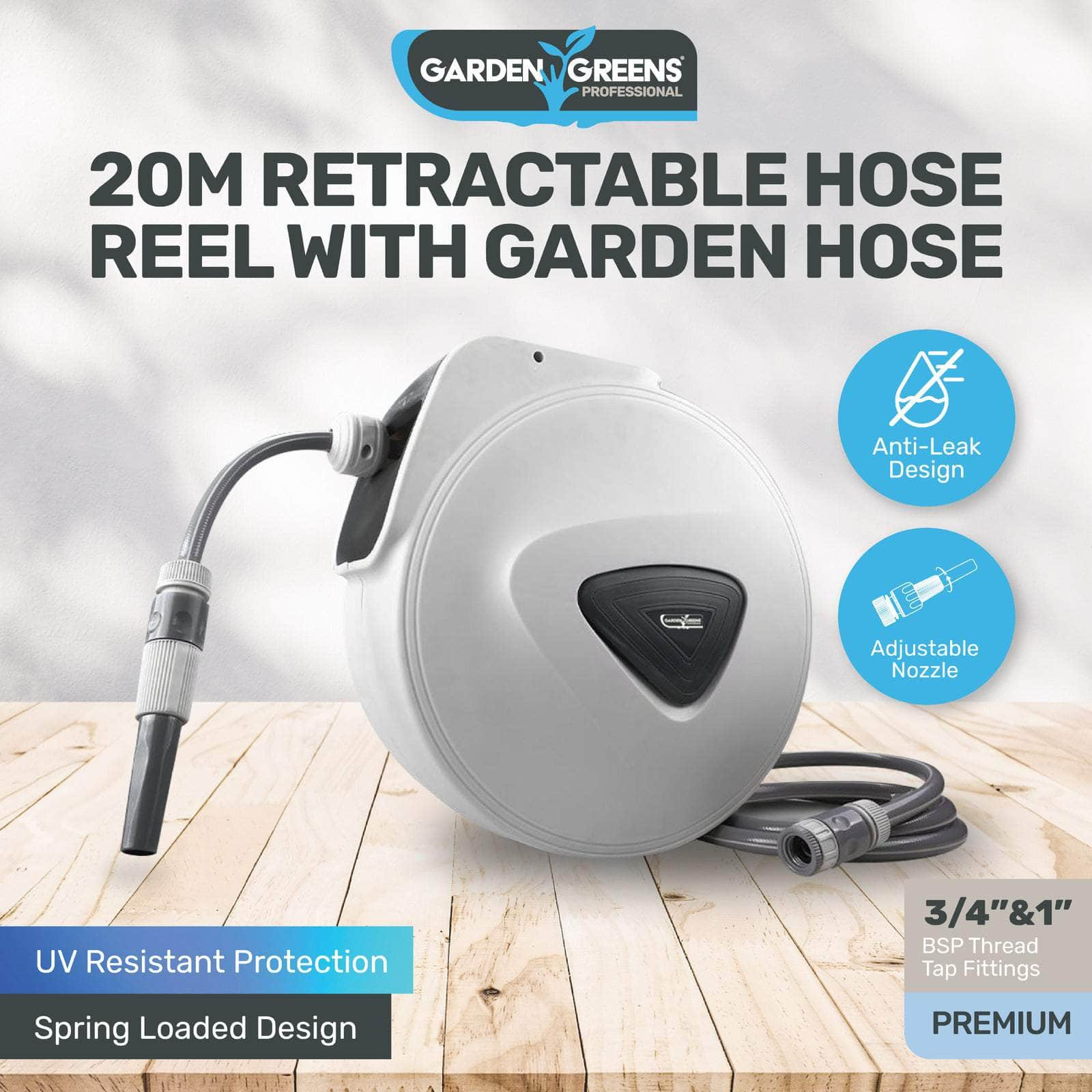 Garden Greens 20M Retractable Hose Reel Spring Loaded Swivel & Rewind Design