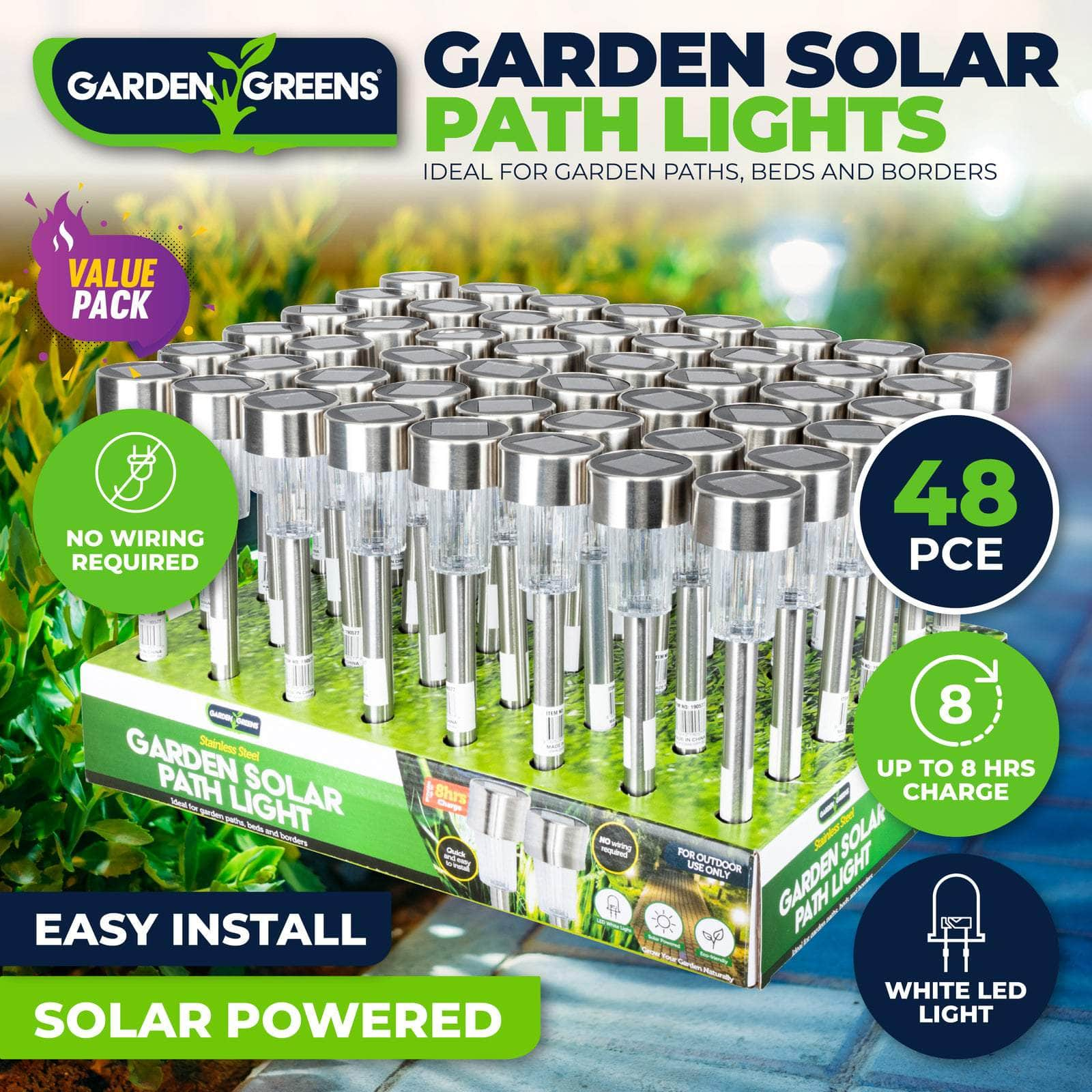 Garden Greens 48Pce Solar Garden/Path Lights Weather Proof Design White Led