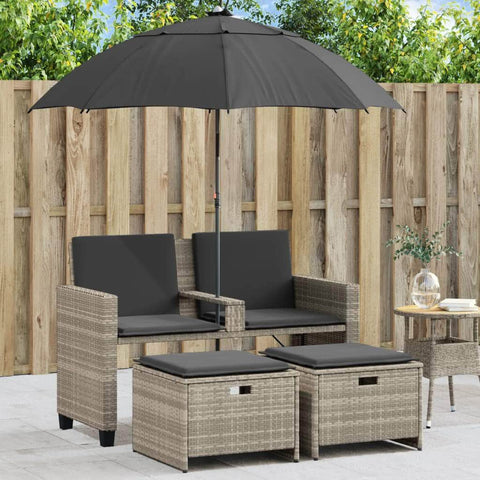 Garden Sofa 2-Seater with Parasol and Stools Light Grey Poly Rattan