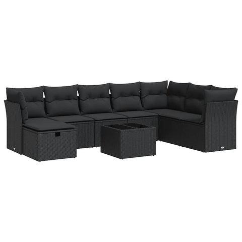 Garden Sofa Set with Cushions Modular Sofa 9 Piece Black Poly Rattan - Sleek