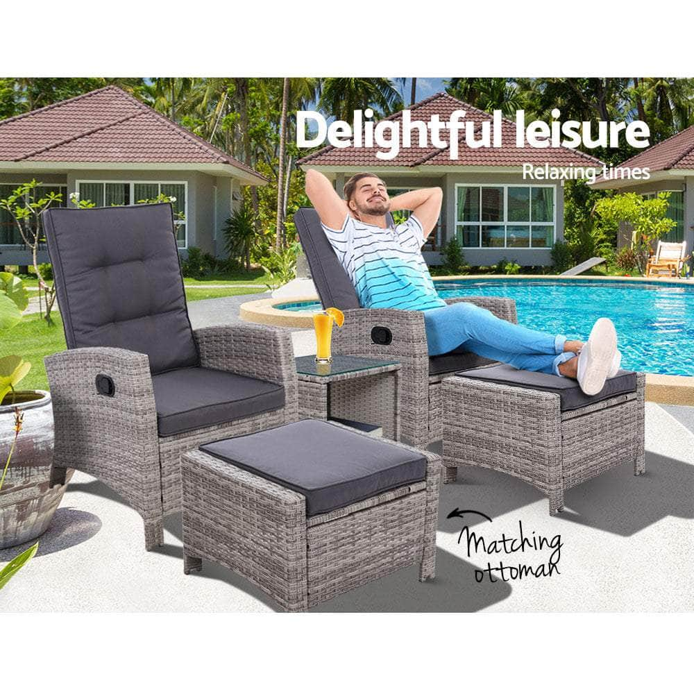 Gardeon Outdoor Patio Furniture Recliner Chairs Table Setting Wicker Lounge 5pc Grey