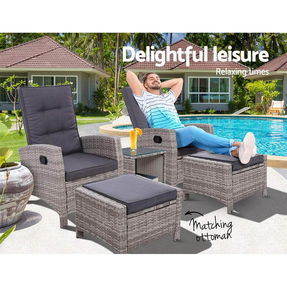 Gardeon Outdoor Patio Furniture Recliner Chairs Table Setting Wicker Lounge 5pc Grey