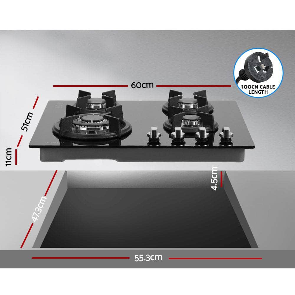 Gas Cooktop 60Cm 4 Burner Black