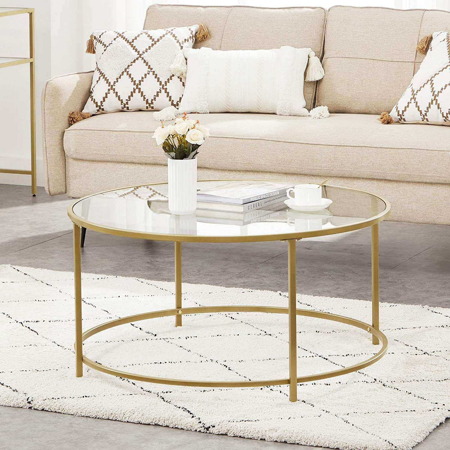 Gold Glass Table With Golden Iron Frame Stable And Robust Tempered Glass