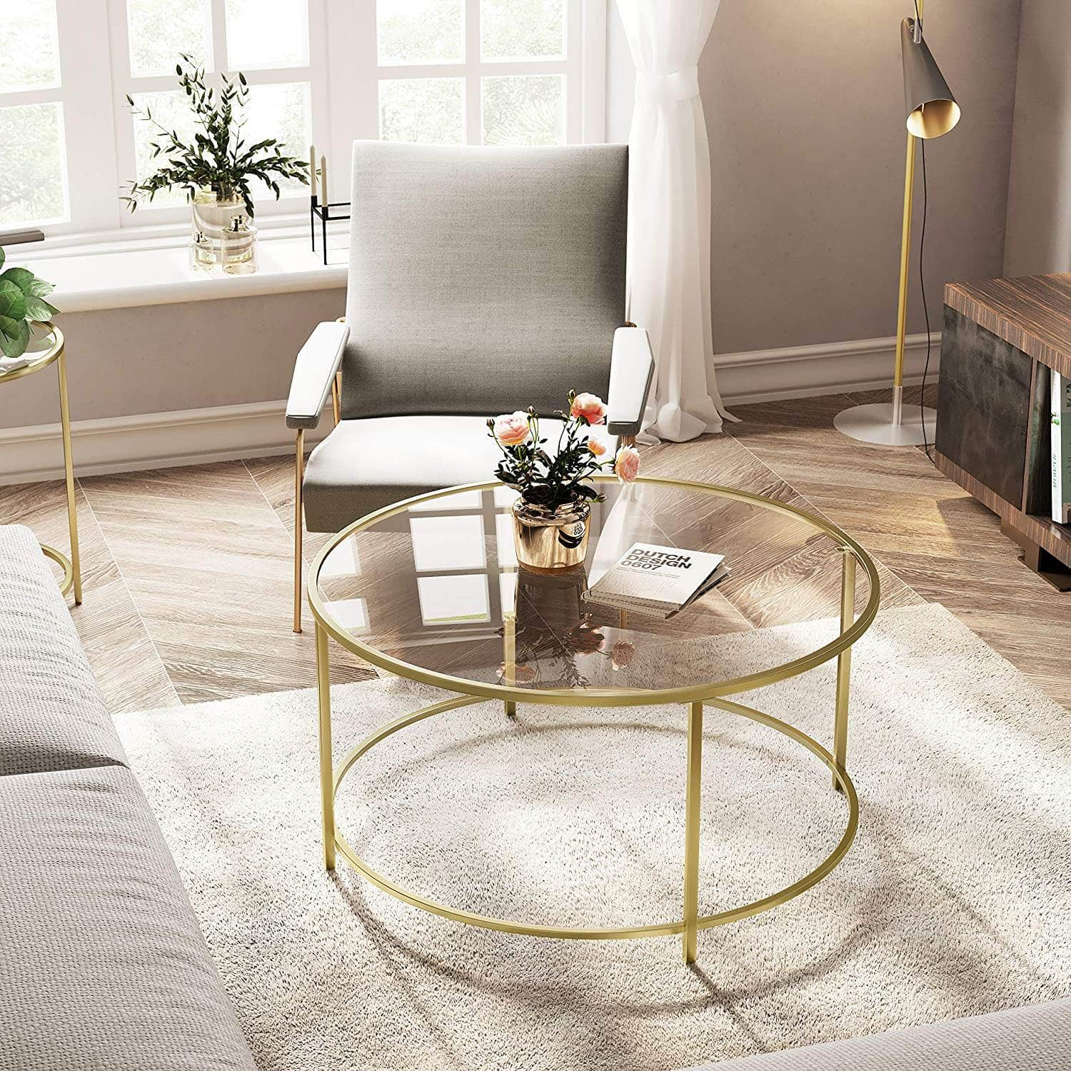 Gold Glass Table With Golden Iron Frame Stable And Robust Tempered Glass