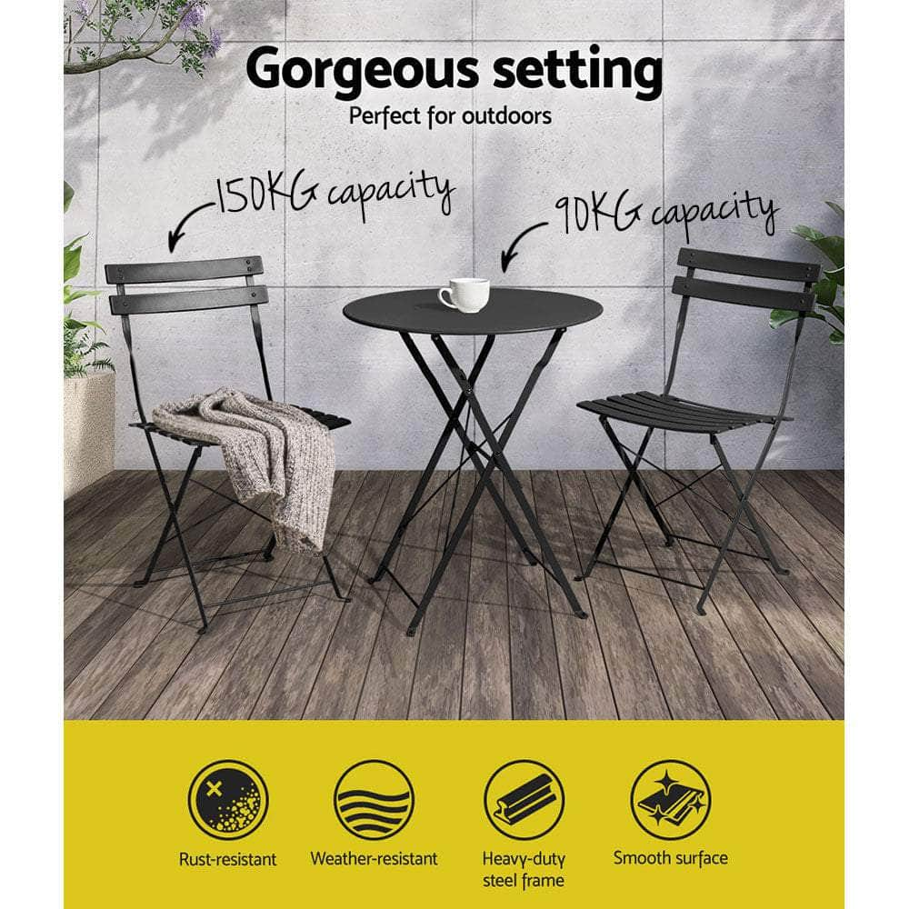 Gradeon 3Pc Outdoor Bistro Set Steel Table And Chairs Patio Furniture Black