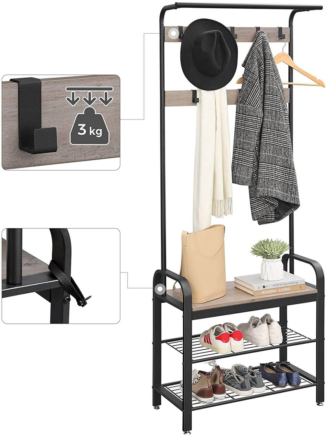 Greige and Black Steel Freestanding Coat Rack Stand with Removable Hooks