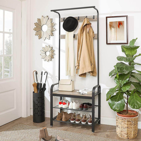 Greige And Black Steel Coat Rack With Bench And Shoe Rack, 183 Cm Height